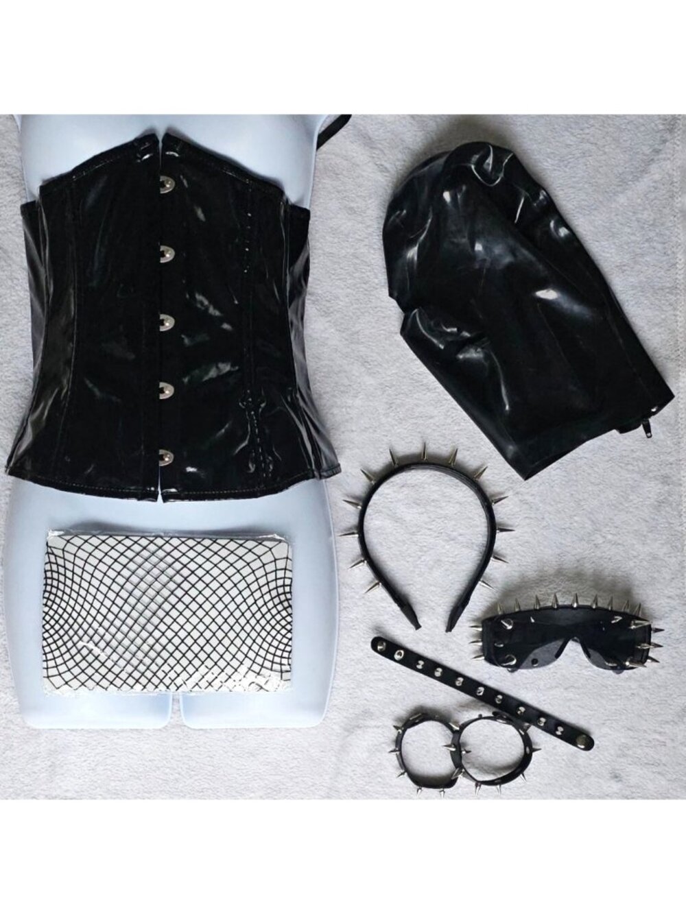 Goth Halloween Costume Bundle Black Vinyl Underbust Corset Spiked Mask Choker
